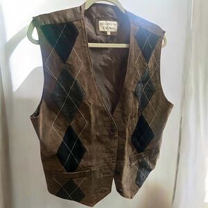 Vintage 90s Brandon Thomas Argyle Academia Western Leather Wool Button Vest Sz L